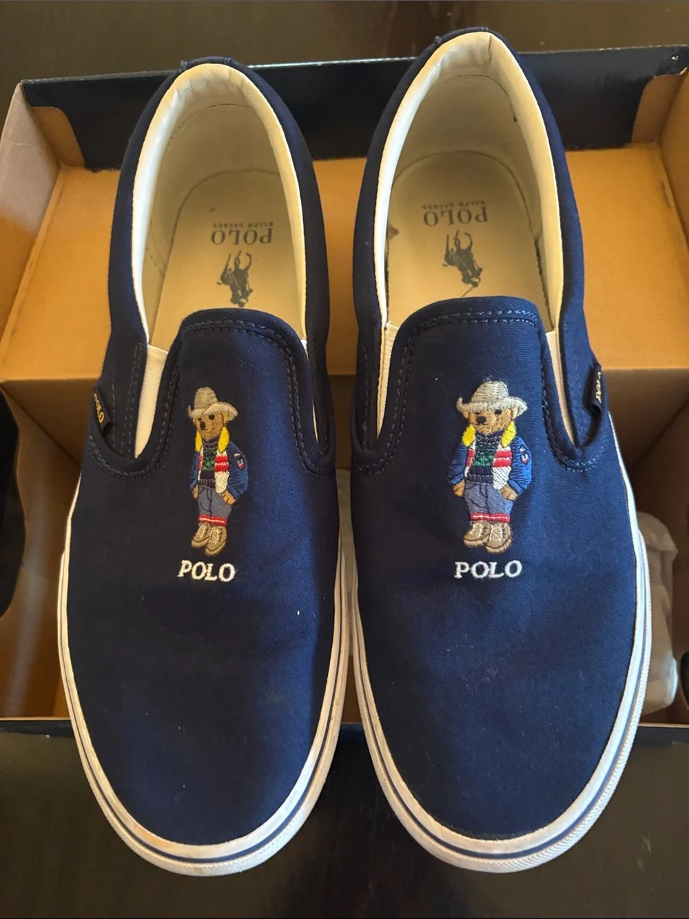 Polo by Ralph Lauren Navy Slip-On Sneakers with Embroidered Polo Bear